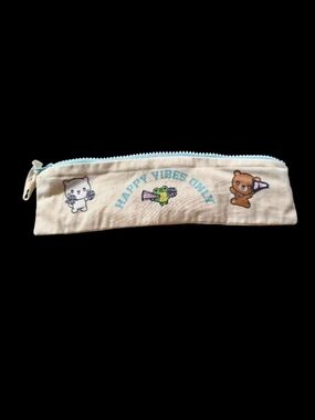 Happy Vibes Only Beige Pencil Case with Light Blue Zipper